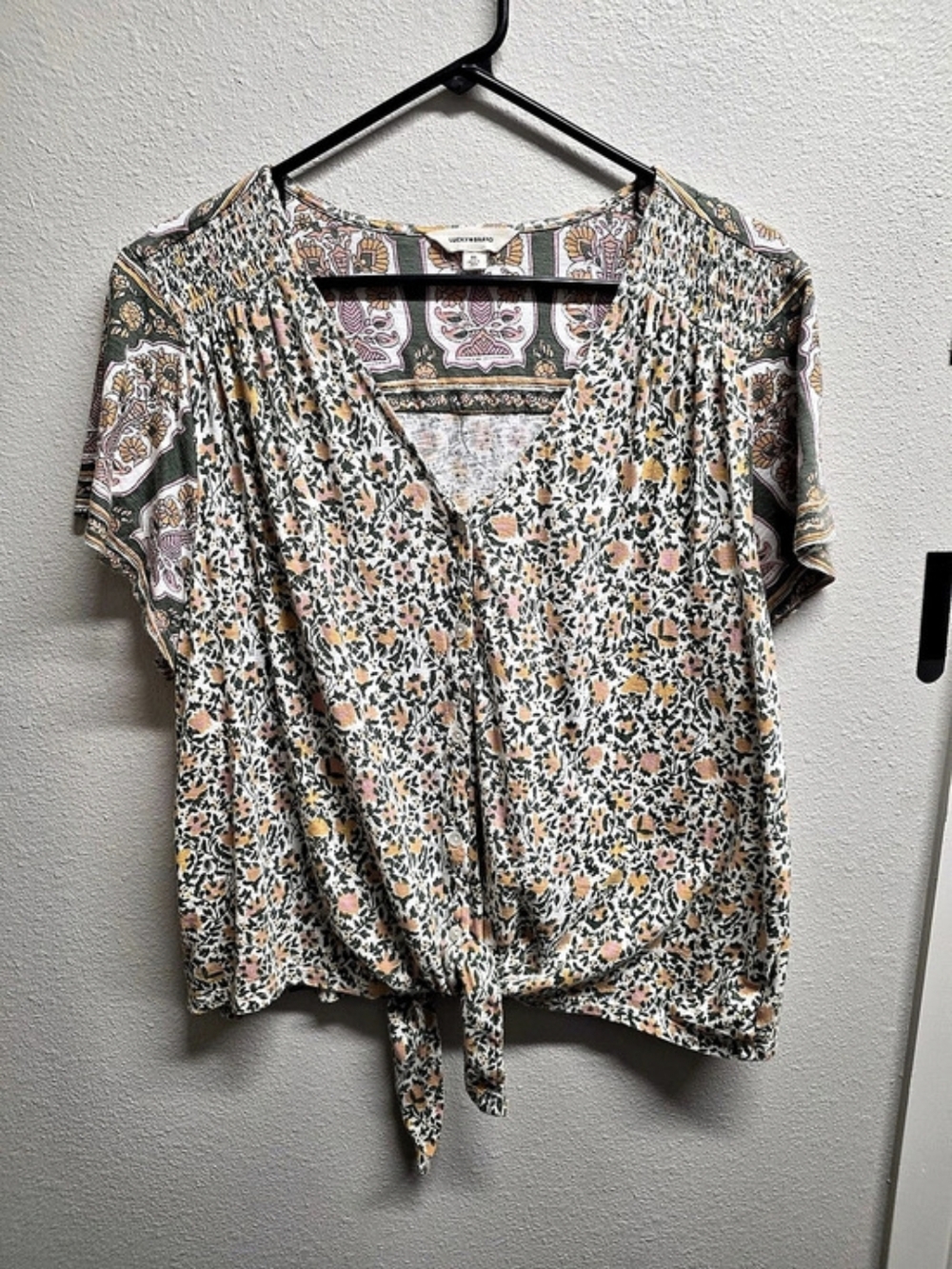 Lucky Brand Floral Tie-Front Blouse in Green & Pink XL Like New